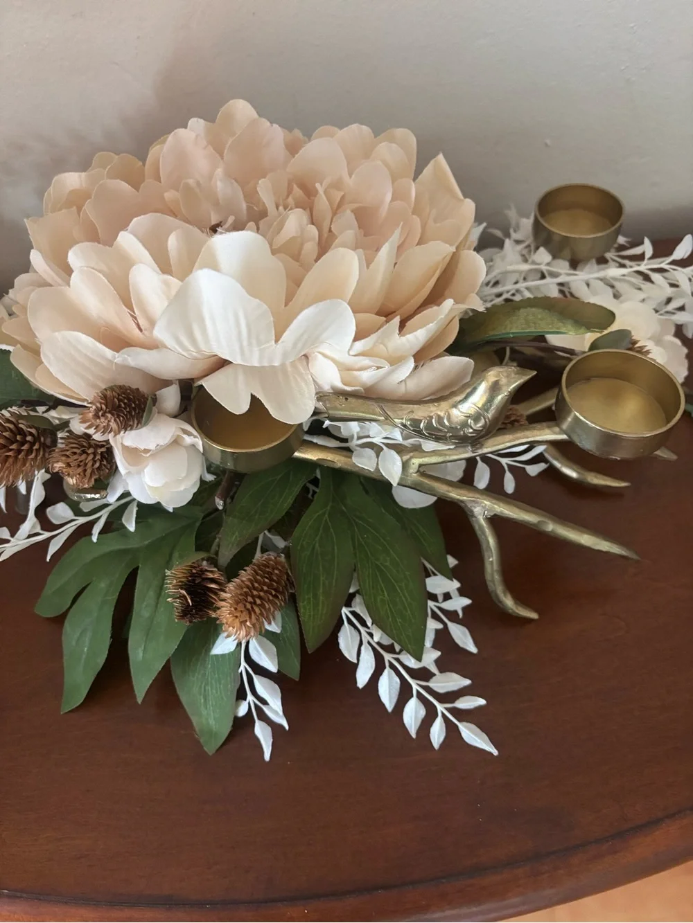 Elegant Wedding Centerpiece Ivory Floral Gold Branch Bird Candle Holder Decor